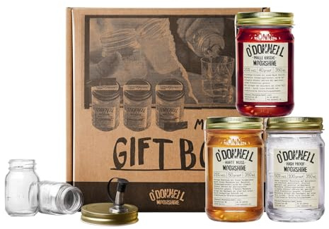 O'Donnell Moonshine Likör Geschenkset Made in Berlin – 3x Premium Bio-Vodka, Kirschlikör & Haselnusslikör (350ml) + 2x Mason Jar Whiskey Gläser + Ausgießer (Geschenk für Männer) in Geschenkbox