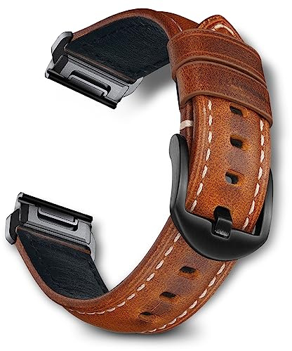 RoYiio Bracelet pour Garmin Fenix 8 51 mm/7X Pro/6X Pro/Quatix 8 51mm/Quatix 7X/6X/Tactix8 51mm/Tactix 7Pro Bracelet Rechange en Cuir Ciré à l'huile pour Enduro 3/2 (QuickFit 26mm, Brun Clair)
