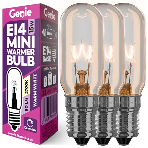 Genie 15W E14 Small Incandescent Glass Light Bulb 230V (Pack of 3) for UK Scentsy Mini Wax Warmers | 2700K Warm White | Dimmable | Pygmy/Small Edison Screw (SES) Base (15, Watts)
