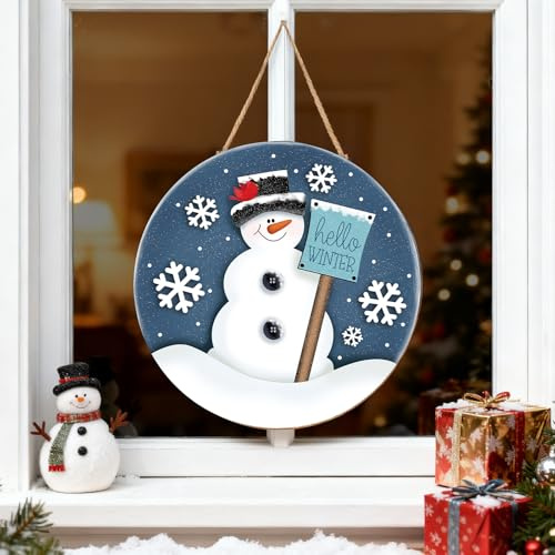 Whaline Holzschild zum Aufhängen, Motiv: Weihnachts-Schneemann, Motiv: Hello Winter, Türaufhänger, Schneeflocke, Haustür, Dekoration, Weihnachten, Winter, Willkommenskranz, Schild für drinnen und
