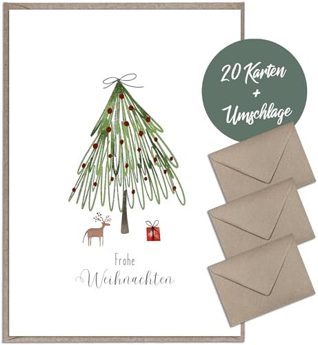 Weihnachtskarten mit Umschlägen aus Kraftpapier - 20 Stück (Veredelt) | Premium Weihnachtskarten-Set schlicht & edel | A6 exklusiv Klappkarten mit Umschlag Set geschäftlich firma team modern einfach