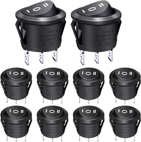 Taiss KCD1-5-103-BK Lot de 10 interrupteurs à bascule ronds Noir AC 250 V/10 A 125 V/12 A SPDT 3 broches 3 positions marche/arrêt