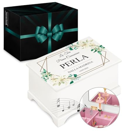 Maverton Scatola musicale portagioie con ballerina - Stampa personalizzata - Carillon portagioie - Jewelkeeper carillon portagioielli per compleanno - Prima Comunione bambina - Giglio