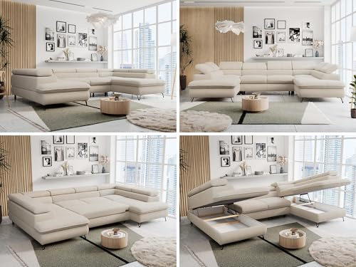 MKS MEBLE Sofa U-Form, Wohnlandschaft U-Form, Sofa mit Schlaffunktion und Bettkasten, Schlafsofa mit Bettkasten, Couch mit Verstellbare Kopfstützen - Peter U - Beige Boucle (ohne Topper)