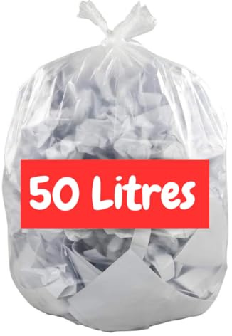 Generic Müllbeutel, transparent, 50 l | 100 Müllbeutel 50 Liter (2 Rollen mit je 50 Beutel) | robust und wasserdicht (14 µ) | Mülleimer Büro – Badezimmer – Küche | Verschluss zum Binden | recyclebar
