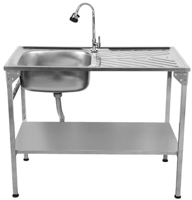 Lavello da campeggio pieghevole in acciaio inox con rubinetto flessibile Lavandino portatile a una bocca di scarico a destra Piedi regolabili in altezza Borsa per il trasporto GRATUITA e 5 ganci