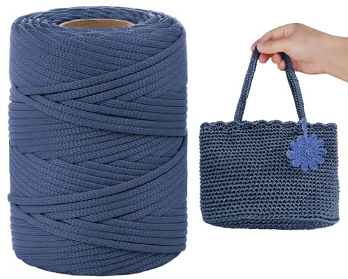 LEREATI Fettuccia per Borse a Uncinetto, Filo Macrame 3mm x 90m Filato Piatto in Polipropilene, Cordino per Borse Uncinetto, Cappello, Fai da Te, Decorazioni (Blu Denim)