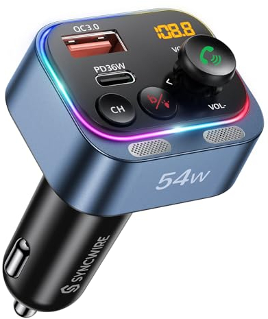 Syncwire Bluetooth 5.4 FM Transmitter Car Adapter 54W (PD 36W & 18W) [Stronger Dual-Mic] [Fast Charging] [Light Switch] [HiFi Deep Bass] Wireless Radio Receiver Hands-Free Calling LED Display, Blue