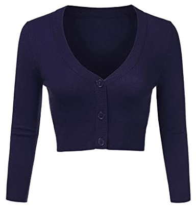 Aottori Damen Strick Bolero Shrug Langarm Elegante V Ausschnitt Cardigan Kurze Offener Strickweste Strickjacke Top Knopf Marine M