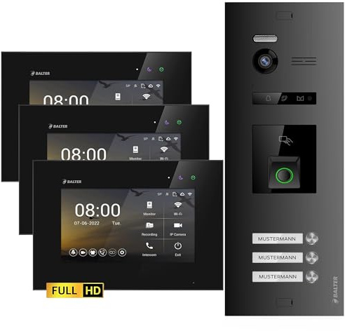 Balter EVO-HD Video Türsprechanlage mit Fingerprint, Video Türklingel, 3 Familienhaus, 3X 7 Zoll Monitore, Türklingel mit Kamera Full HD, 2 Draht Bus, 175° Weitwinkel, RFID,1080P