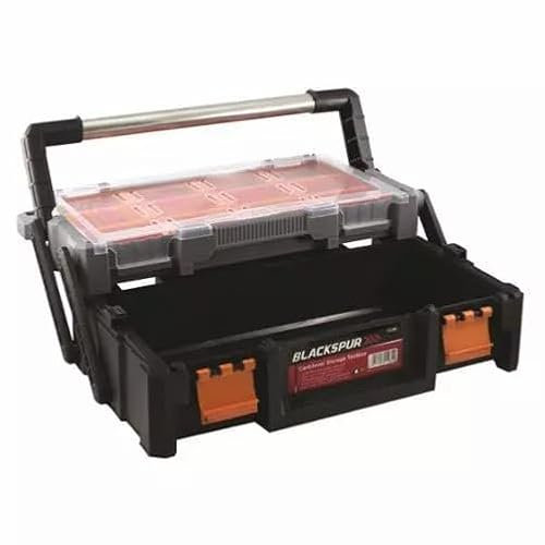 2 Tier 18'' Cantilever Tool Storage Box Organiser Carry Case Trays Screws Nails, Plastic Storage Folding Toolbox with Metal Carry Handle