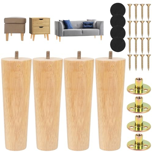 Luabue 4 Pack Wooden Furniture Legs 18cm Cabinet Legs Wooden Chair Legs | Solid Rubber Wood Sofa Legs 7 inch Furniture Legs Screw In Bed Legs with Mounting Plates & Non-Slip Felt Pads & Screws