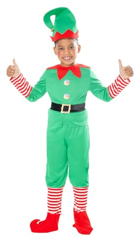 Rubies Costume Elfo Natalizio per Bambino, Maglione con Pantaloni, Cintura, Copri Stivali e Cappello per Natale, Elfo, Funzioni scolastiche, Babbo Natale (Taglia S 7-8 anni)