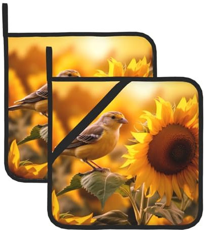 YHBLYKXP Set di 2 presine con stampa di uccelli e girasoli, presina resistente al calore, per barbecue
