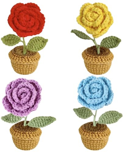 Magicherry 4 delar virkade blommor små krukor stickade rosblommor konstgjord ullgarn blommor för bil instrumentbräda hem kontor bord bordsuppsats hylla dekor, färg #C