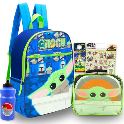 Baby Yoda Backpack with Lunch Box Set - Bundle with 16 Mandalorian Backpack, Star Wars Lunch Bag, Stickers, Water Bottle, More | Baby Yoda School Bag for Boys, Kids