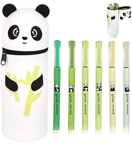 Trendecor 2 in 1 Kawaii Federmäppchen, Panda Mäppchen mit 6 Kugelschreiber Silikon Stand up Reißverschluss Federmäppchen Mäppchen Niedlicher Panda für Schule Home Office Supplies