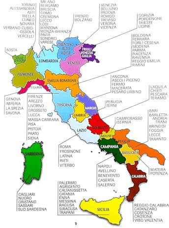 KUSTOM ART Poster Decorativo da Parete Cartina Italia Regioni con Province Stampa su Carta Patinata 40x30 cm Senza Cornice