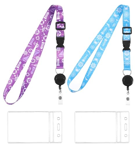 Uppsättning av 2 kortfodral med band, boardingkort, hänge, kryssning, utdragbart halsband med vattentätt ID-fodral av mjuk polyester för kryssningar och konferenser (blå/lila)