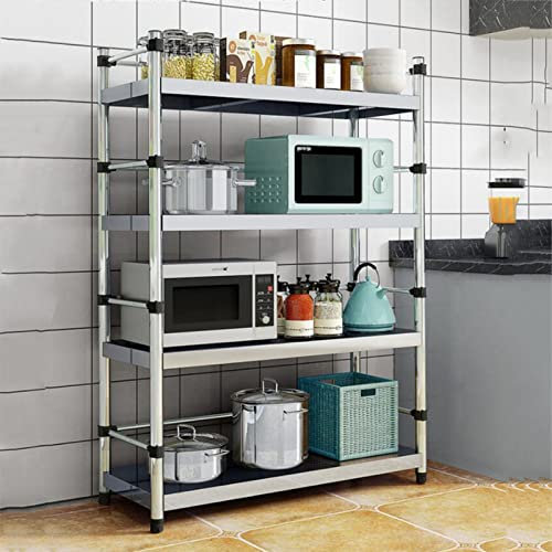 Estante para microondas de 4 niveles con ganchos, marco de metal, estante para cocina de 90 cm de alto, solución de almacenamiento multifuncional para espacios pequeños
