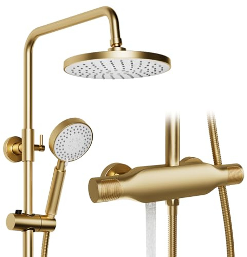 OihPaw Duschsystem, 3-in-1-Duschsäulenset, Retro-Duschsystem Gold gebürstet | Runder 225-mm-Regenduschkopf, 360° verstellbarer Duschkopf für Regendusche, 3-Modus-Handbrause, Duschkopf mit Anti-Kalk-Düsen