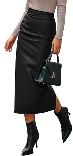 BTFBM Skirts for Women Trendy Spring 2026 Elastic Waist Ruched Bodycon Slit Pencil Midi Leather Skirt Bussiness Casual(Black, Medium)