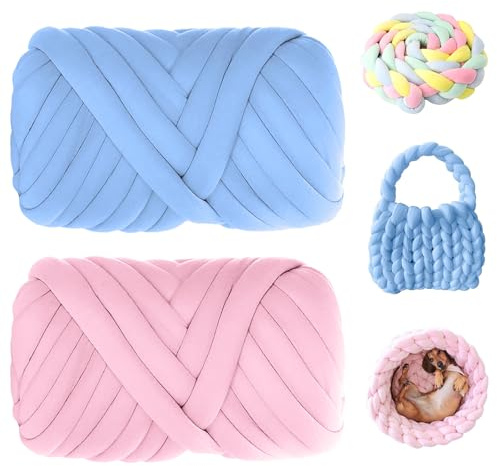 Jiavlyx 2 Piezas Hilo De Lana Gorda, 500g Hilo Grueso Para Tejer, 25 MM Brazo Hilo De Tejer Transpirable, Ovillo De Lana Gruesa,para Tejer Alfombras Cojines Y Camas Mascota (Azul+rosa)