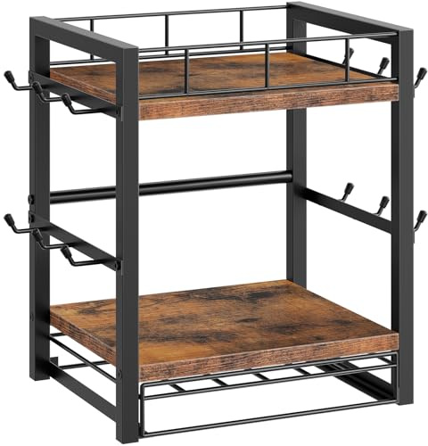 HOOBRO Coffee Mug Cup Holder, Tree Bar Station Organizer for Countertop, 12 Hooks Mug Stand Rack with Sliding Drawer for 30 K-Cup Pods, 2 Tier Mug Display Stand, Rustic Brown and Black BF11TL01
