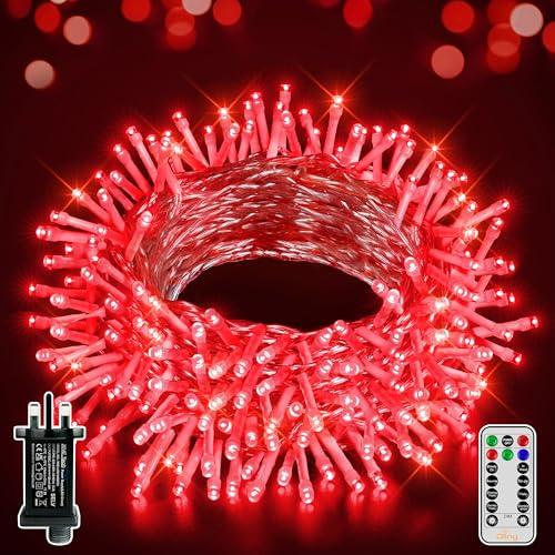 Ollny Red Fairy Lights Mains Powered 20m 200 LED Outdoor String Plug Remote | Waterproof/Modes/Timer, Bright Lighting Wedding Anniversary Valentine's Day Christmas Tree Light Halloween Xmas Decorations