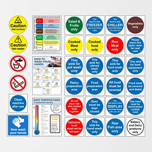 Professional Kitchen Safety Signs Pack, 33 Self-Adhesive Labels, Food Hygiene and Catering Warning Signs