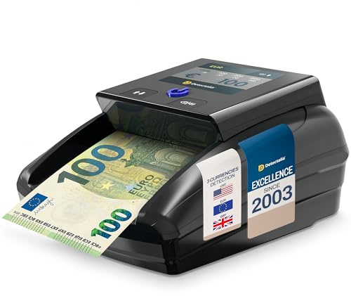 Detectalia D7T+ Detector de Billetes Falsos con 100% detección, 5 Sistemas de detección para 3 divisas EUR, GBP, USD y Pantalla Color TFT