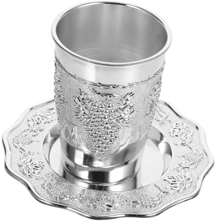 ERINGOGO Kiddush Cup Set Zinc Alloy Engraved Silver Goblet | Saucer Included, Communion Cups, Shabbat Wine Cup, Wine Liqueur Cup, Glasses Drinking Set