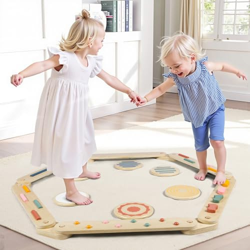 Montessori Schwebebalken mit Balanciersteinen Holz Kinder Balance Board | Montessori Indoor Spielplatz Outdoor Trittsteinen, Kleinkind Sensorik Matten, Koordination & Stabilität Geschenke ab 18M+