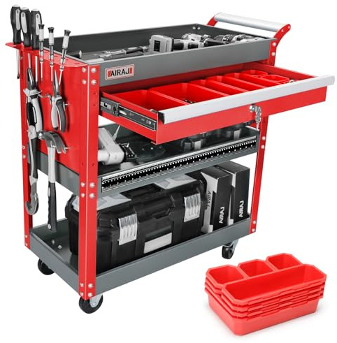 AIRAJ 3 Tier Rolling Tool Cart,Mechanic Tool Cart on Wheels,Industrial Utility Cart with Drawers and Pegboard,440 LBS Capacity Tool Storage Cart for Garage,Warehouse,Red