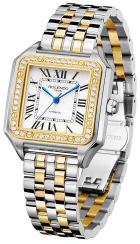 ROLENDO Automatic Watch for Women,Luxury Square Watch,Elegant wo Tone for Ladies Watch,Stainless Steel Bracelet,Diamond bezel Wrist Watches for Work Dress,Gold Sivler Watch Roman Numerals,33mm,gift for Mother‘s Day