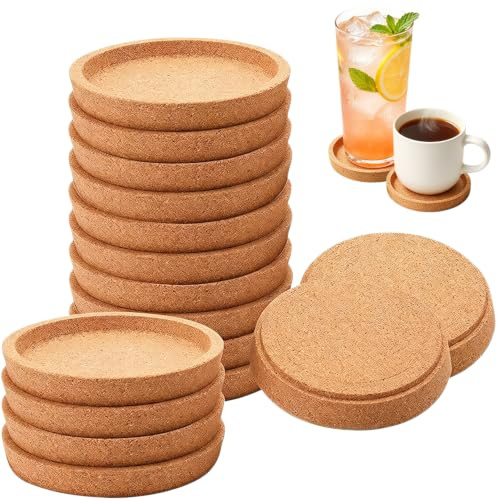 15 Pièces Dessous De Verre Ronds en Liège Naturel avec Bord Profond, Absorbants Résistants À La Chaleur, Modèle Universel pour Maison Bureau Réception