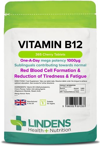 Lindens Vitamin B12 1000mcg Sublingual Tablets | 365 Pack | Contributing Towards Red Blood Cell Formation, Reduction of Tiredness & Fatigue