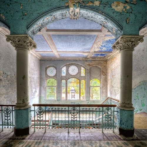 artissimo Bild aus Glas 50x50 cm Lost Places Beelitz Urbex AG4080A – modernes Glasbild Wandbild Quadratisch, Wanddeko Wohnzimmer, beige türkis, industrial vintage