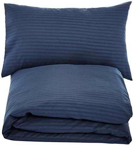 Amazon Basics Juego de Funda nórdica Cama 80/90 de Microfibra, 2 Piezas, Funda de edredón 135 x 200 cm y 1 Funda de Almohada 50 x 80 cm, Azul Marino, Rayas