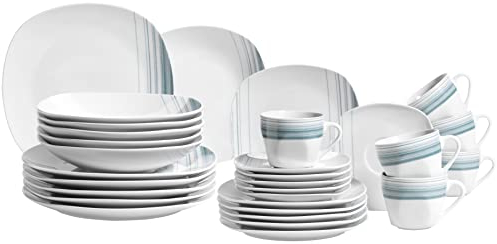 MÄSER 931211 Serie Enni, servizio combinato da 30 pezzi, in porcellana bianca con motivo blu, piatto, tazza da caffè, piatto da dessert per 6 persone, in porcellana, bianco/blu