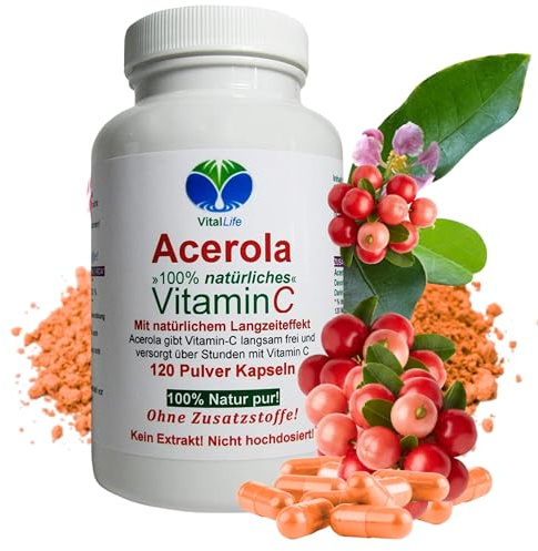 Vitamin-C ACEROLA 120 Kapseln NATÜRLICHER zeitversetzter Langzeiteffekt. Hohe Bioverfügbarkeit dank Bioflavonoide, Antioxidantien uvm. NICHT aus EXTRAKT. NATUR pur. OHNE Zusatzstoffe. 26389-120