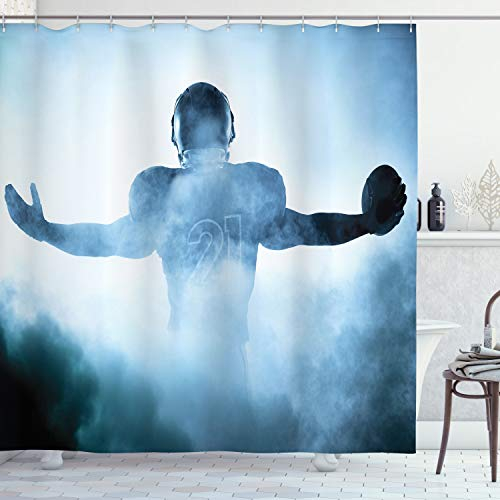 ABAKUHAUS Sport Duschvorhang, American Football-Held, Stoffliches Gewebe Badezimmerdekorationsset mit Haken, 175 x 240 cm, Blau