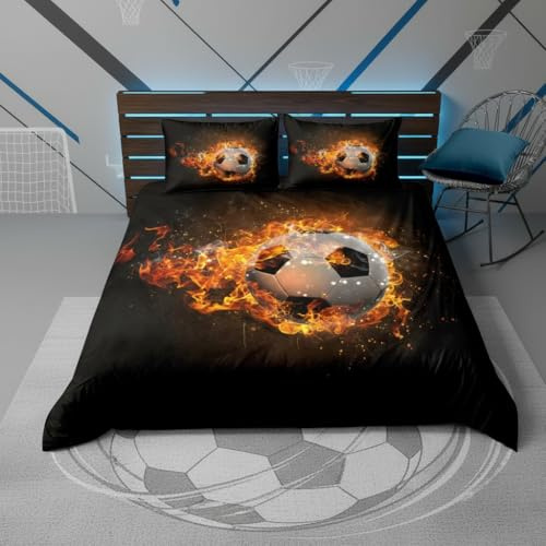 Black and White Ball Football Bed Linen Set with Fire Bed Linen Set 155 x 220 cm Football Lovers Bedding Set for Children Boys Girls Teenagers 2 Pieces Zip Microfibre