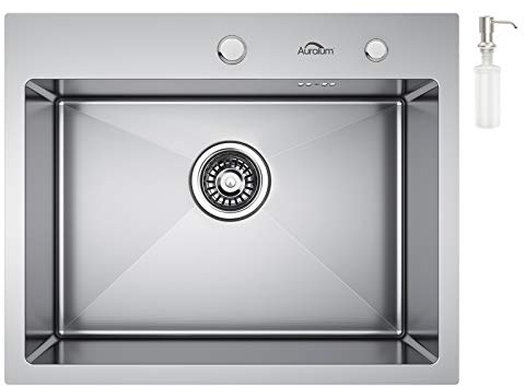 Auralum Lavelli Cucina 55 x 45 cm, Lavello Cucina 1 Vasca in Acciaio Inox con Dispenser Sapone y Set di Drenaggio, Lavandino con 2 Fori di Preforato, Installazione a Sopratop o Filotop