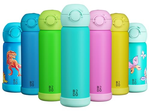 B2DO Doppelwandige Edelstahl Thermoflasche für Kinder Meergrün 500ml| Auslaufsichere isolierte Kinder Trinkflasche für die Schule | BPA-freie Trinkflasche mit Trinkhalm für Kinder