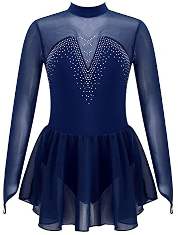 TiaoBug Mädchen Eiskunstlauf Kleid Ballettkleid Ballettanzug Langarm Body Ballett Trikot Turnanzug Eislaufen Bekleidung Wettbewerb Kostüm gr. 110-164 Navy Blau D 152