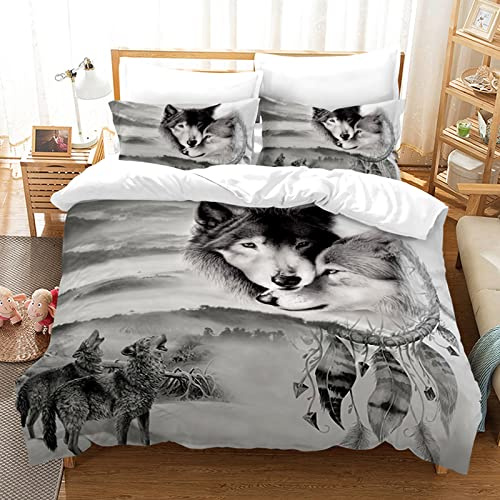 Hoimlm Housse de Couette Loup 3 Pièces,avec Housse de Couette et 2 taies d'oreiller,Ensemble de Literie en Microfibre Douce Dousse de Couette pour Enfants (Paire de Loups, 220X240cm)