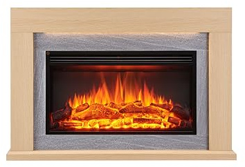 BALDERIA Xerxes Elektrokamin - Elektrischer Standkamin mit Heizung 1000/2000 W, realistischer 3D-Flammeneffekt, LED-Beleuchtung, Fernbedienung programmierbar, Timer, Thermostat, Hellbraun