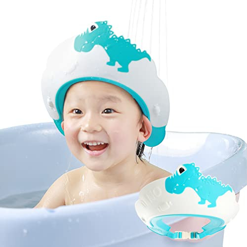 FUSACONY Baby shower keps schampohatt för barn baby hår tvätt sköld justerbart badvisir ansiktsskydd för småbarn barn pojkar flickor duschhatt för att stoppa vatten i ögonen dinosaurie blå