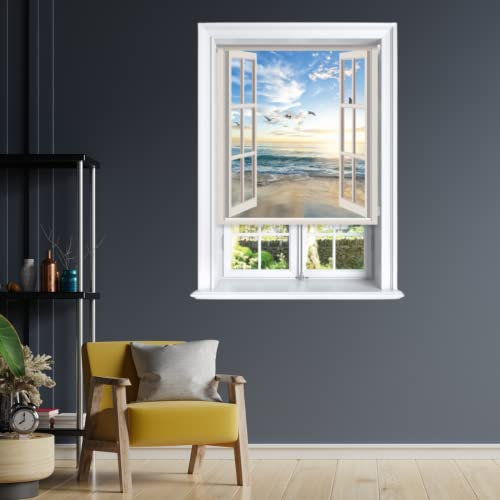 Lister Cartwright Blackout Roller Blinds Window Beach View Scenic Windows Blind Easy Fit Child Safety Included(Cream, 90 cm Width x 140 cm Drop)
